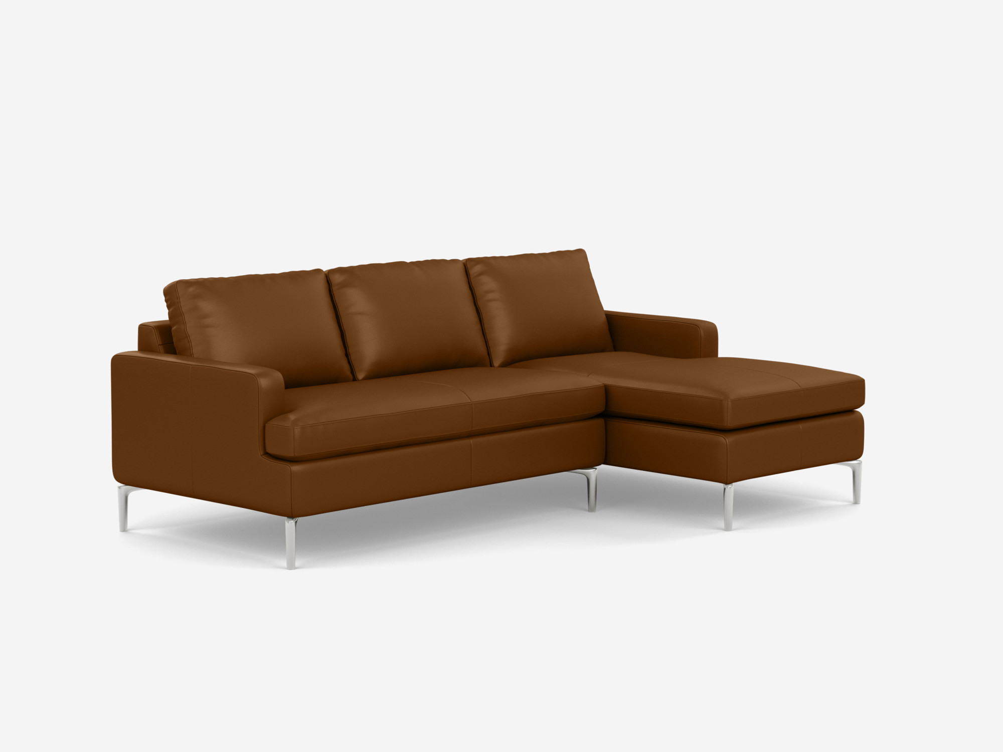 Angled view of the Eve mid century sectional in brown leather with right chaise